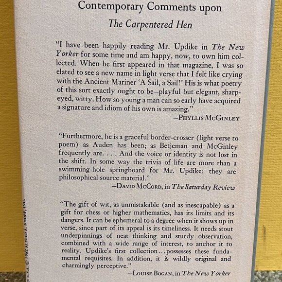 THE CARPENTERED HEN poems by John Updike - 1st Knopf 1982 HCDJ - VF+ poetry Book - Picture 2 of 4
